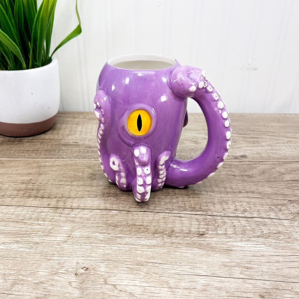 Purple Octopus Coffee Mug Cup 3D Ceramic Tentacle Handle 16 oz